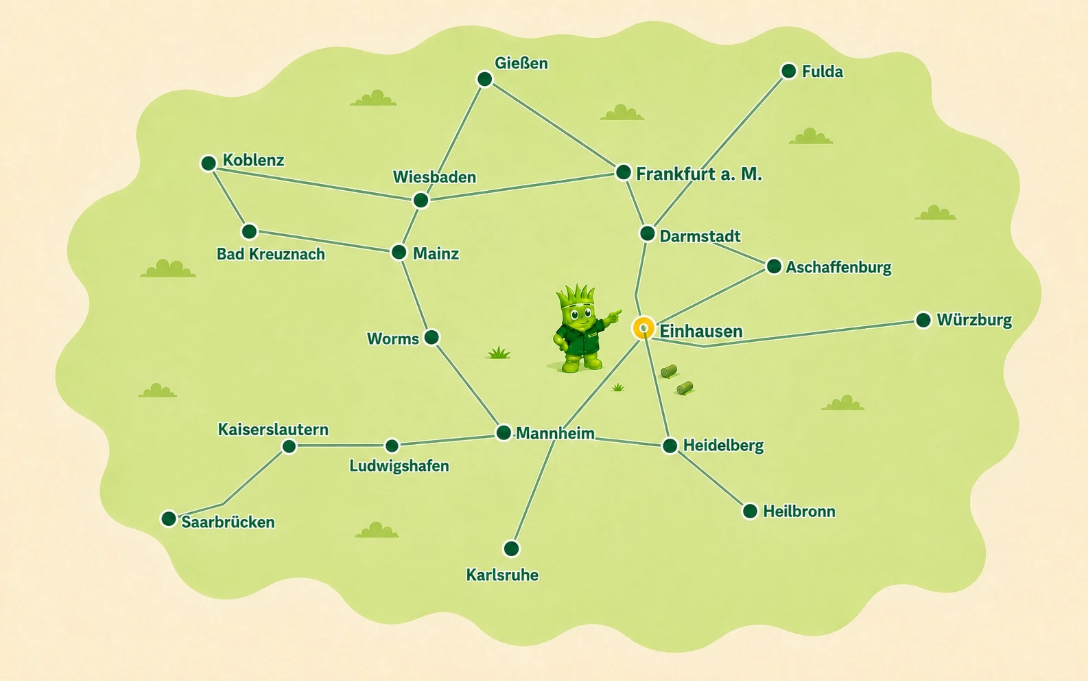 Liefergebiet von Rollrasen Hedderich mit Produktionsstandort Einhausen und wichtigen Lieferorten im Rhein-Main- und Rhein-Neckar-Gebiet